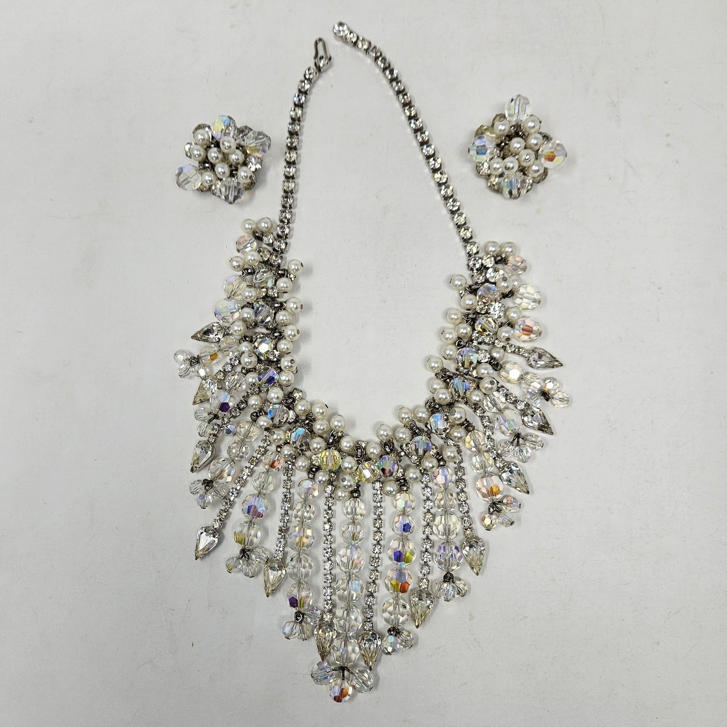 Necklace and Earrings Set, D&E Juliana, Waterfall Bib Necklace, Faceted Crystals & Pearls, Vintage