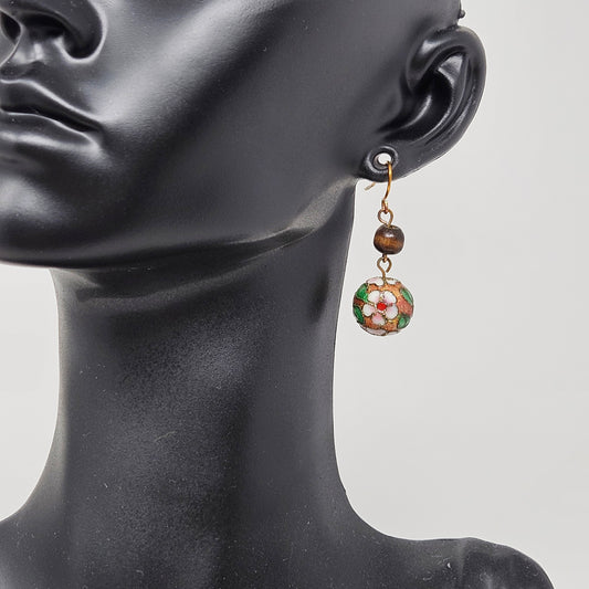 Earrings, Cloisonne Pink Flower Dangle Bead Earrings, French Copper Wire, Pierced, Vintage