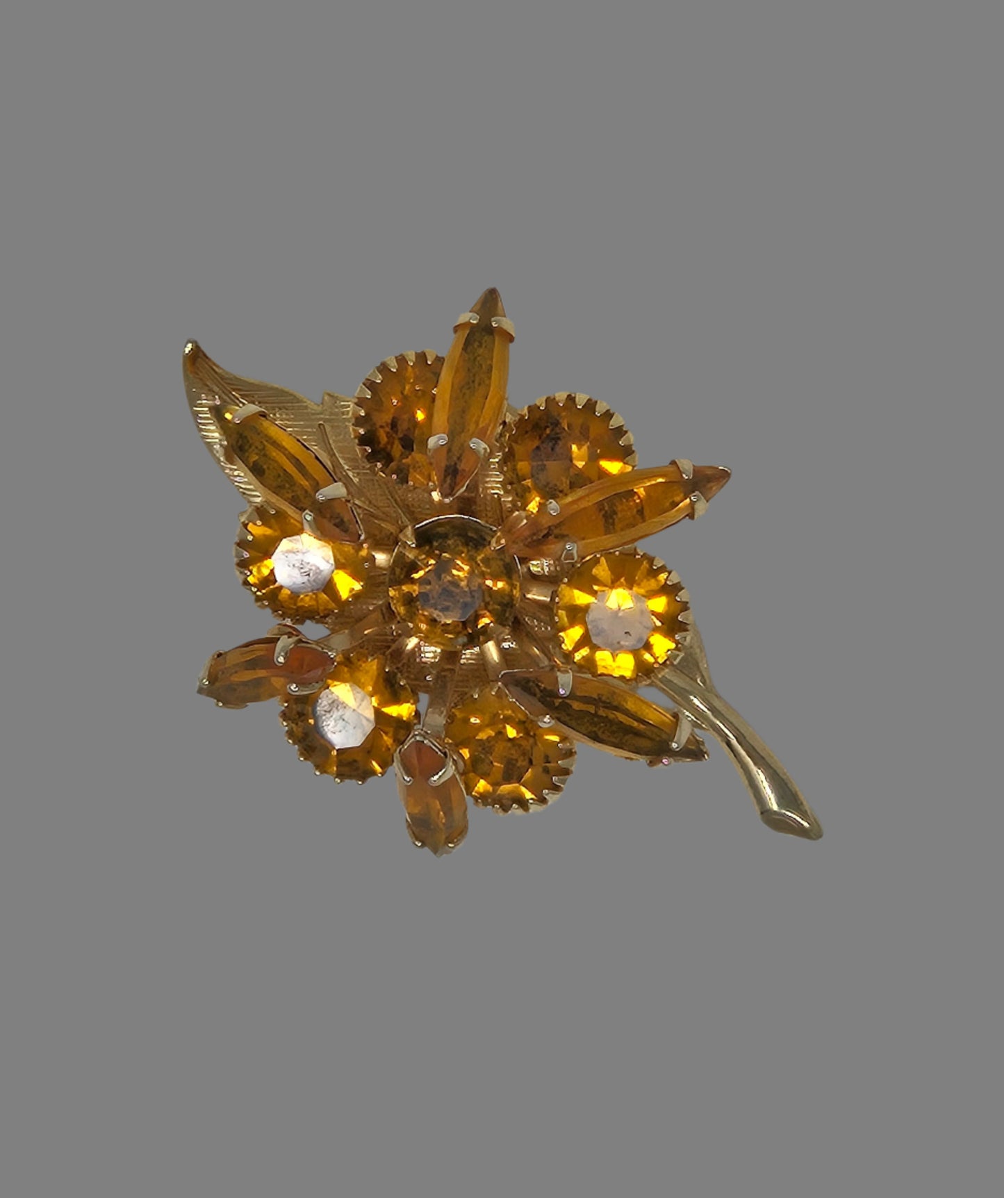 Brooch / Pin, Stemmed Flower Brooch, Amber / Topaz Navette Rhinestones, Art Deco, 3 Dimensional, Gold Tone, Vintage