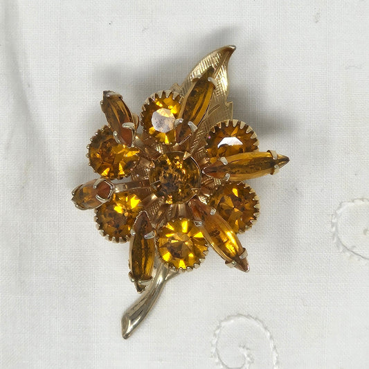 Vintage Floral Brooch, Stemmed Flower Art Deco Design, Amber / Topaz Prong Set Rhinestones, , Marquise & Round Faceted Rhinestones. Elegant