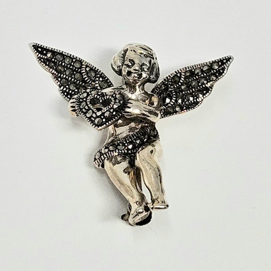 Vintage Brooch, Sterling Silver Marcasite Cupid Angel Holding Open Heart, Romantic, Judith Jack Design