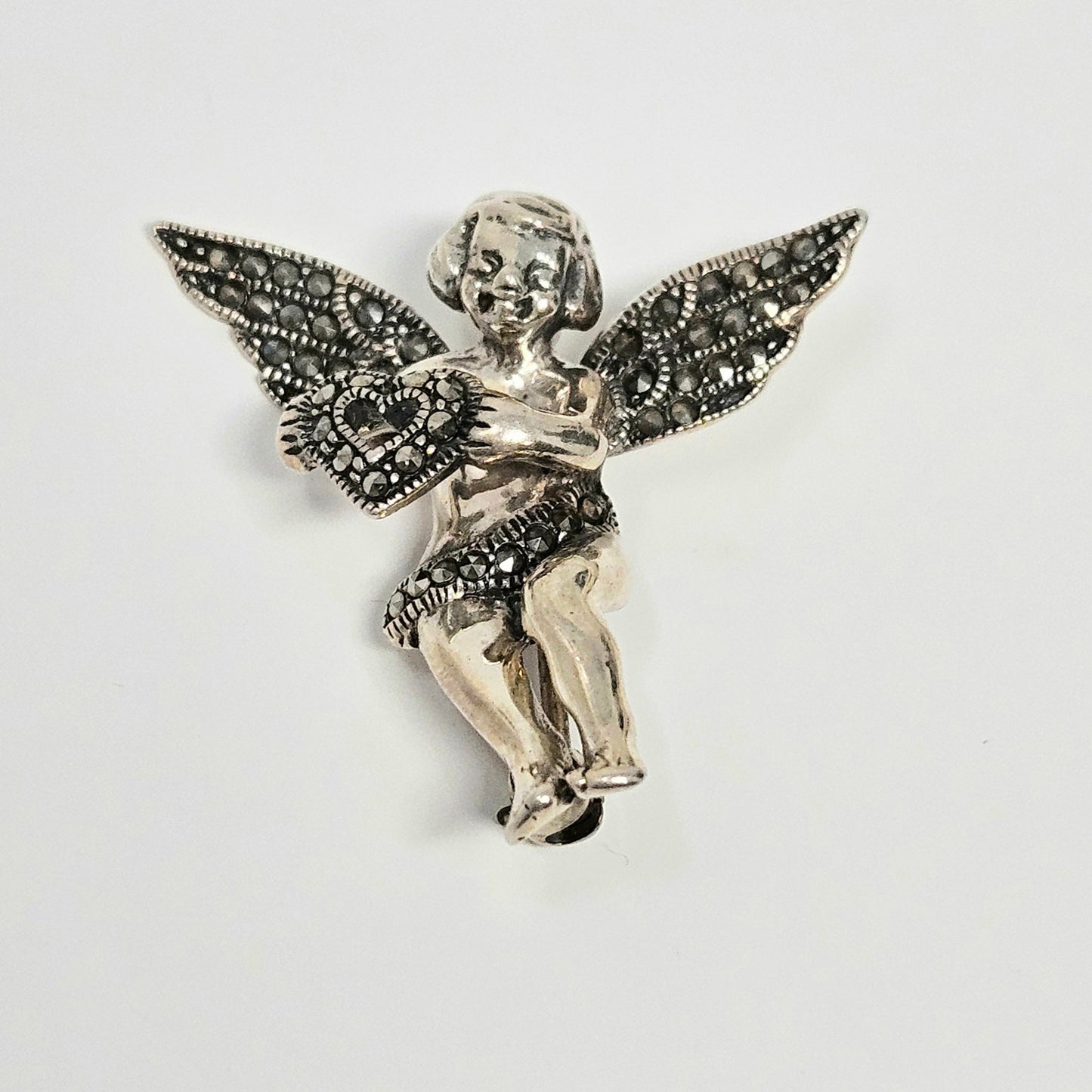 Brooch / Pin, Judith Jack, Marcasite Cupid Angel with Open Heart, Sterling Silver, Vintage