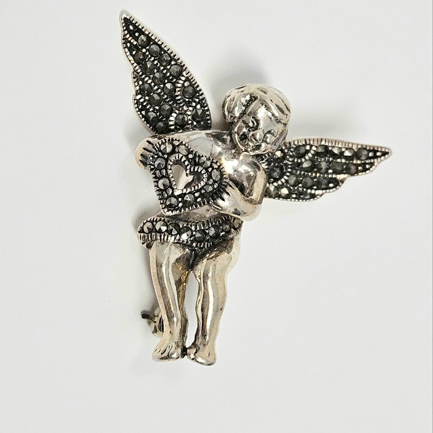Brooch / Pin, Judith Jack, Marcasite Cupid Angel with Open Heart, Sterling Silver, Vintage