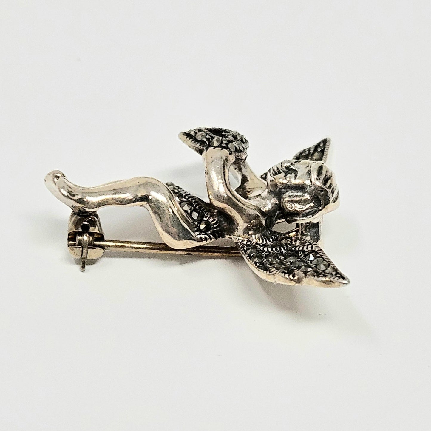 Brooch / Pin, Judith Jack, Marcasite Cupid Angel with Open Heart, Sterling Silver, Vintage
