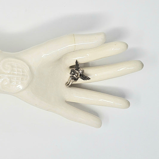 Brooch / Pin, Judith Jack, Marcasite Cupid Angel with Open Heart, Sterling Silver, Vintage