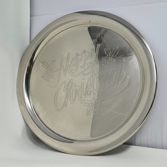 Tray, International Silver, Merry Christmas Engraved, Holly Sprig, Silver Plate, 12.25", Vintage 1970s