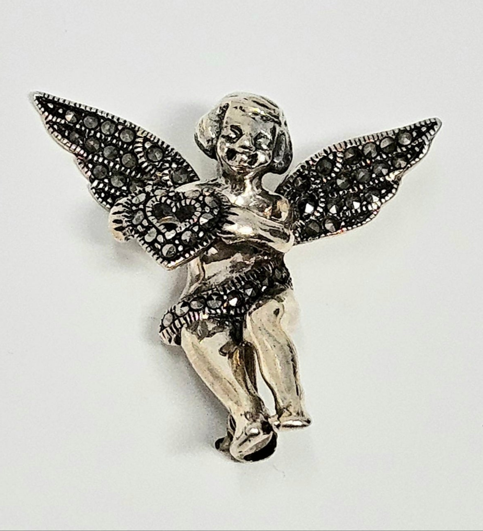 Brooch / Pin, Judith Jack, Marcasite Cupid Angel with Open Heart, Sterling Silver, Vintage