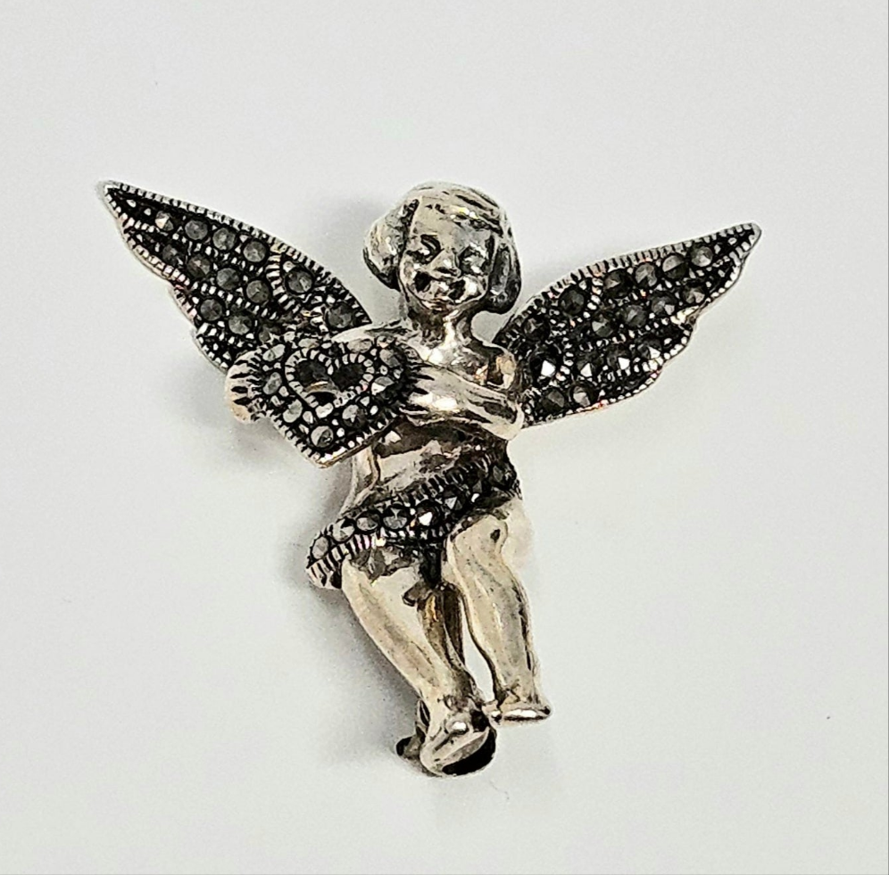 Brooch / Pin, Judith Jack, Marcasite Cupid Angel with Open Heart, Sterling Silver, Vintage