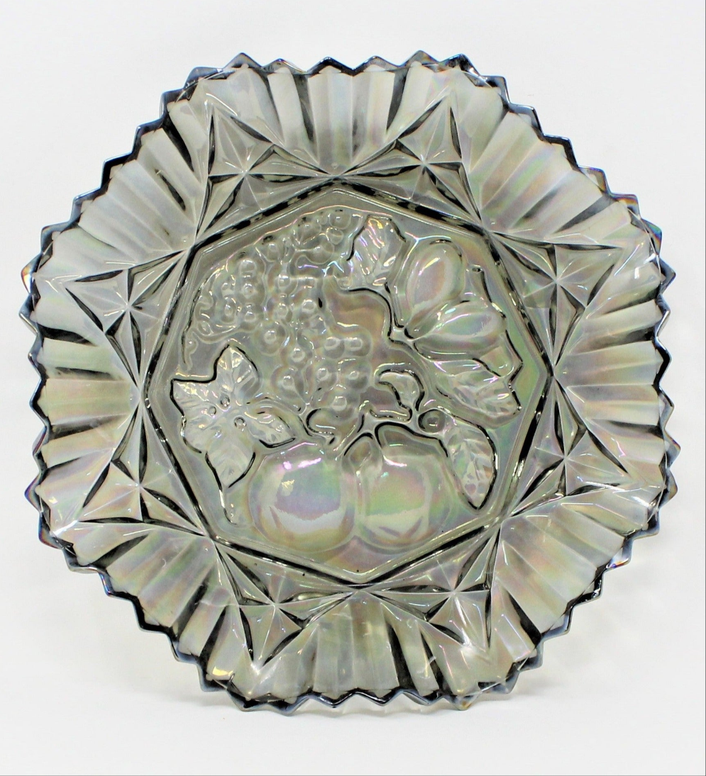 Plate, Serving Plate, Shallow Bowl / Dish, Federal Glass, Revival Carnival Smoked Iridescent Glass, Pioneer Pattern, Vintage, 1980's