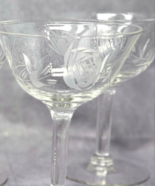 Champagne / Tall Sherbet, Cut / Etched Rose and Leaves, Blown Glass, Set of 5, Vintage