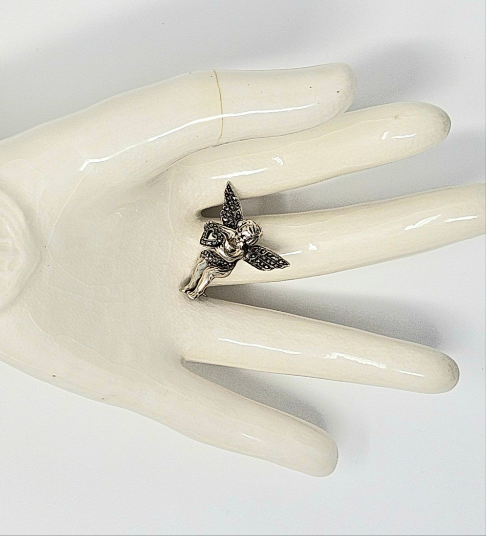 Brooch / Pin, Judith Jack, Marcasite Cupid Angel with Open Heart, Sterling Silver, Vintage