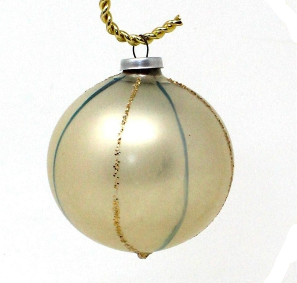 Ornaments, Glass Ball, Pearl White, Blue & Gold Glitter Stripes, Hand Painted, 2.5", Vintage Christmas