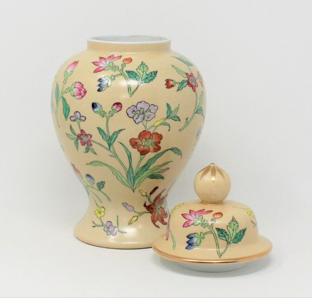 Ginger Jar / Temple Jar, Hand Painted Enamel Floral Design, Porcelain, Vintage Hong Kong
