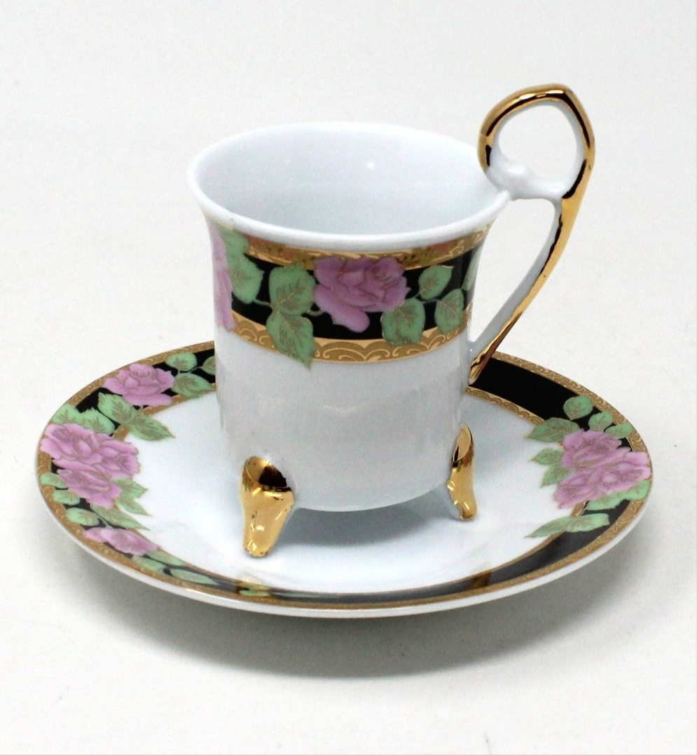 Demitasse & Saucer, GNA, Pink Roses with Black Border, Italian Porcelain, Vintage
