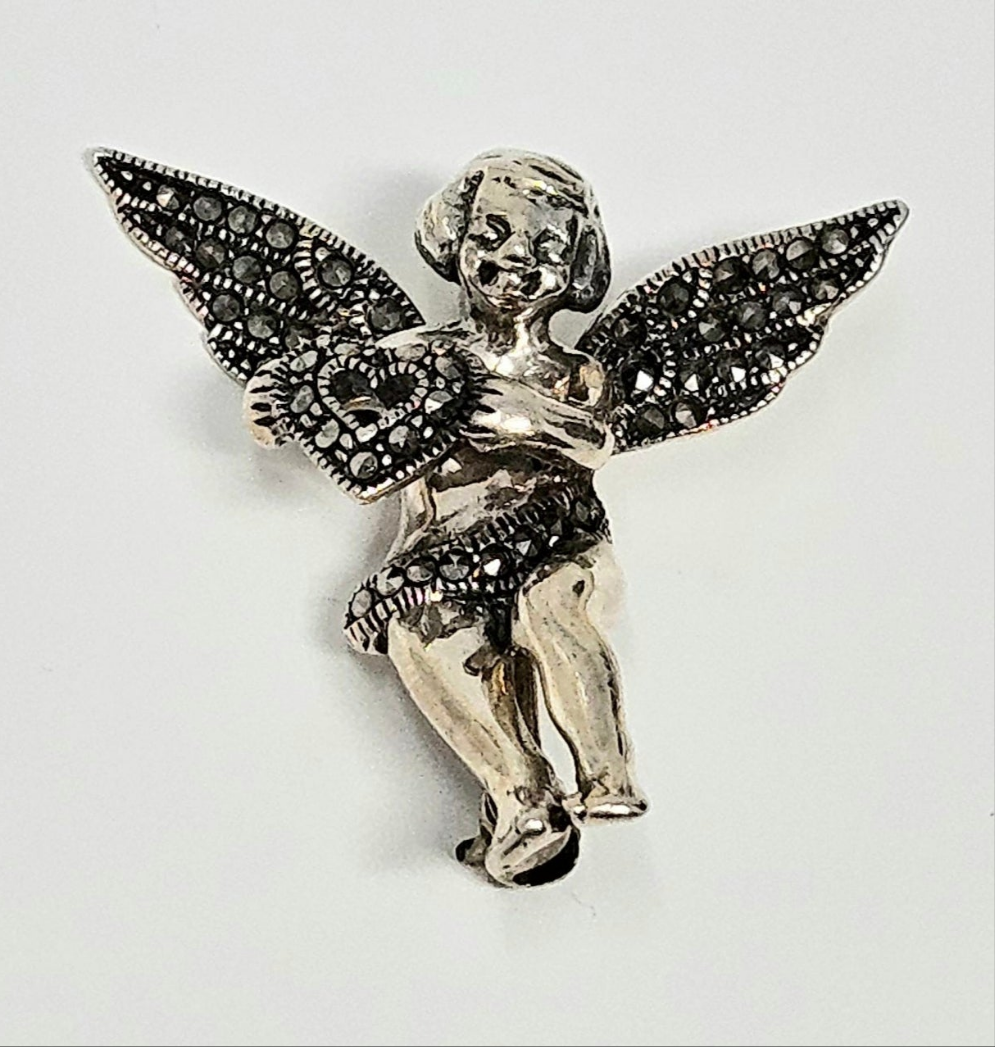 Brooch / Pin, Judith Jack, Marcasite Cupid Angel with Open Heart, Sterling Silver, Vintage