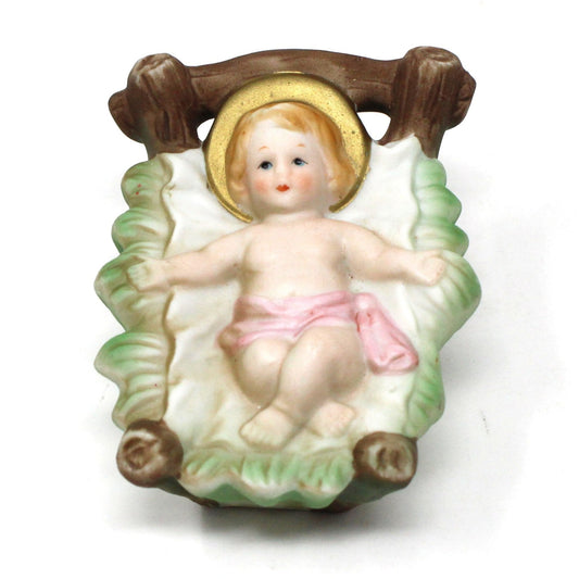Vintage Porcelain Baby Jesus in Manger.  Gilded Halo, Hand Painted.