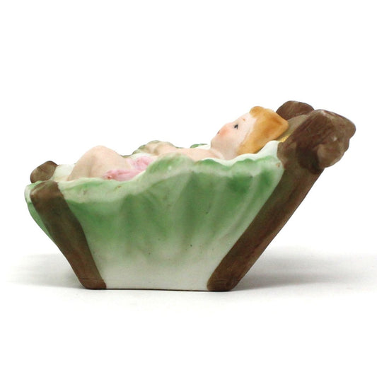 Figurine, Baby Jesus in Manger, Hand Painted, Gilded Porcelain, Japan, Vintage, RARE