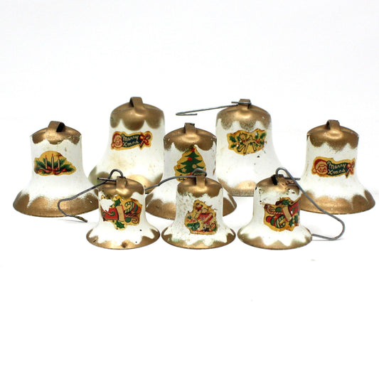 Ornaments, Christmas Metal Bells with Decals, Gold and White, Mid Century, Set of 8, Vintage