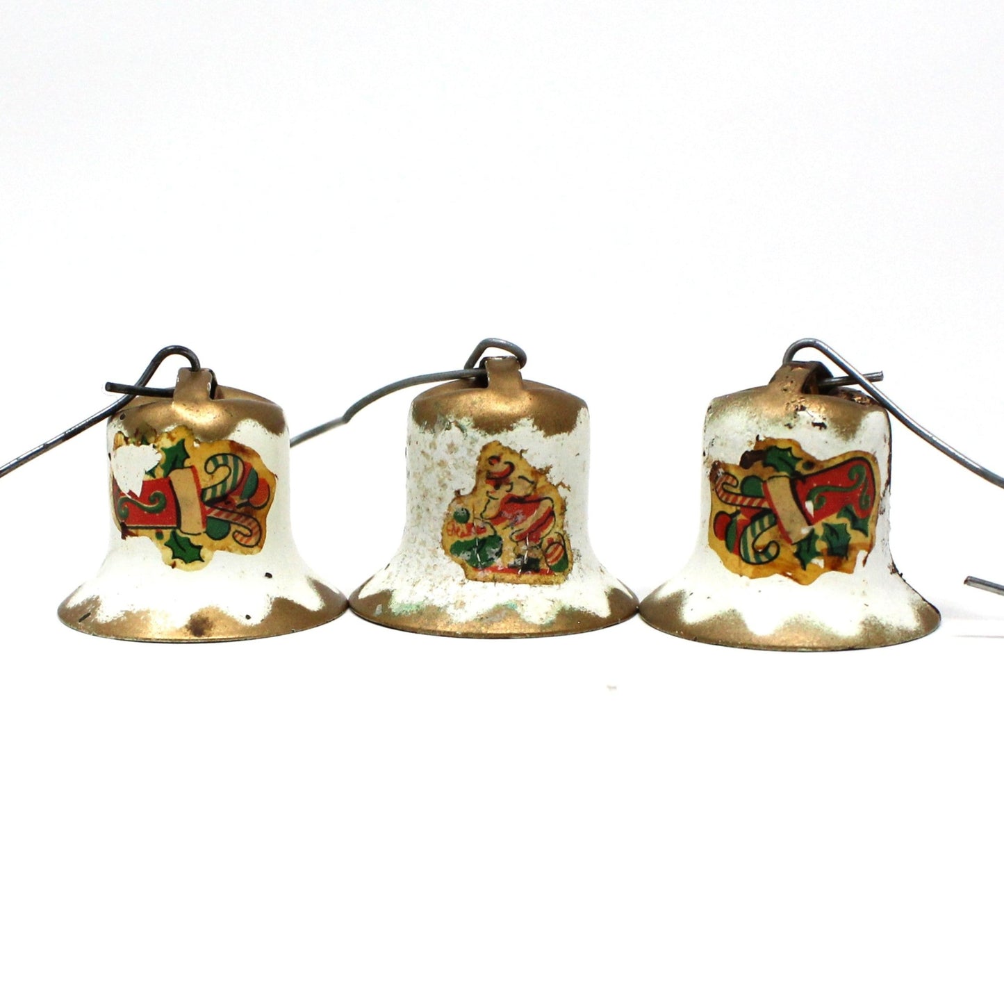 Ornaments, Christmas Metal Bells with Decals, Gold and White, Mid Century, Set of 8, Vintage