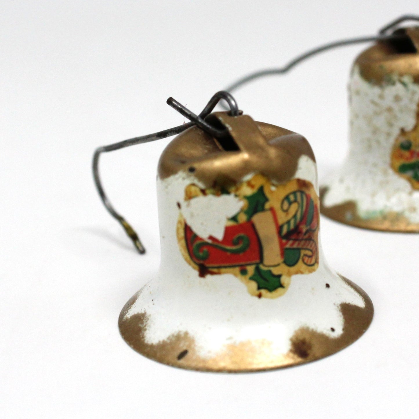 Ornaments, Christmas Metal Bells with Decals, Gold and White, Mid Century, Set of 8, Vintage