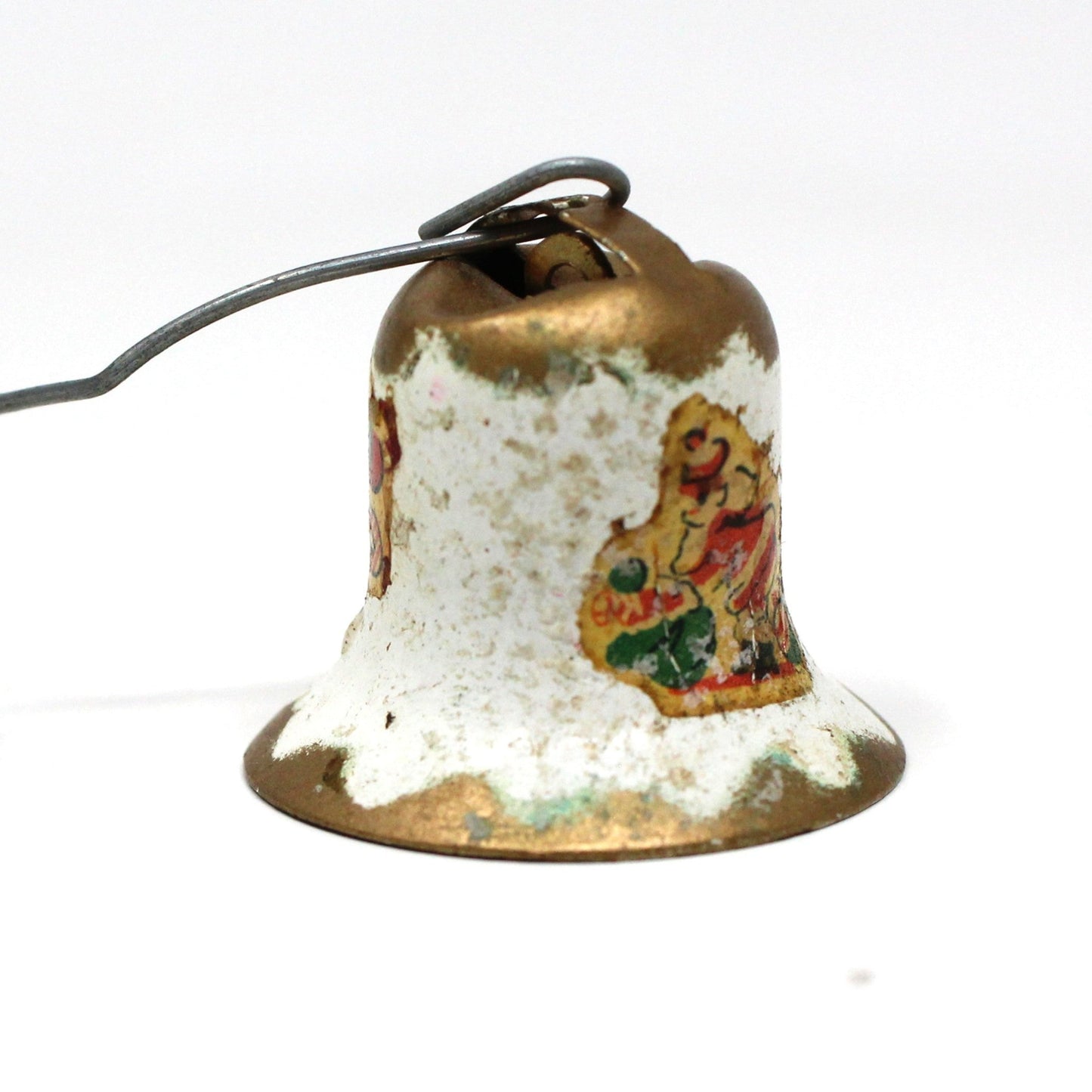 Ornaments, Christmas Metal Bells with Decals, Gold and White, Mid Century, Set of 8, Vintage