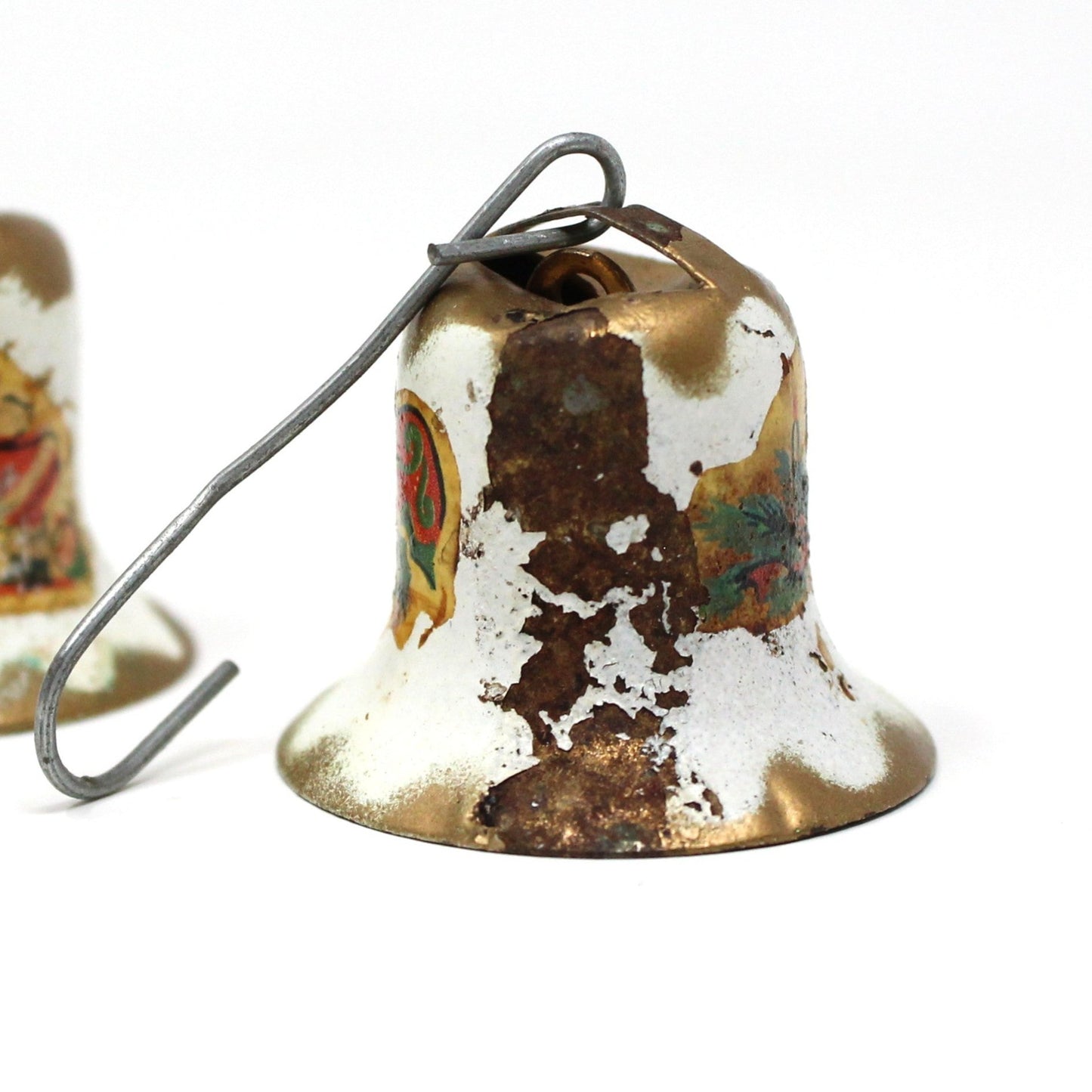 Ornaments, Christmas Metal Bells with Decals, Gold and White, Mid Century, Set of 8, Vintage