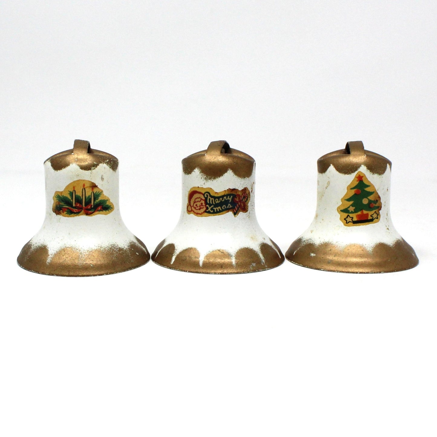 Ornaments, Christmas Metal Bells with Decals, Gold and White, Mid Century, Set of 8, Vintage