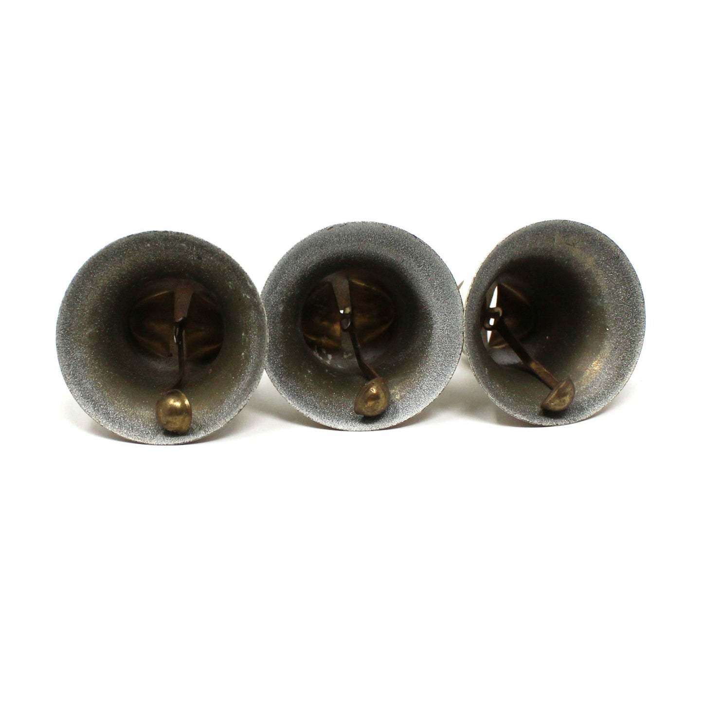 Ornaments, Christmas Metal Bells with Decals, Gold and White, Mid Century, Set of 8, Vintage