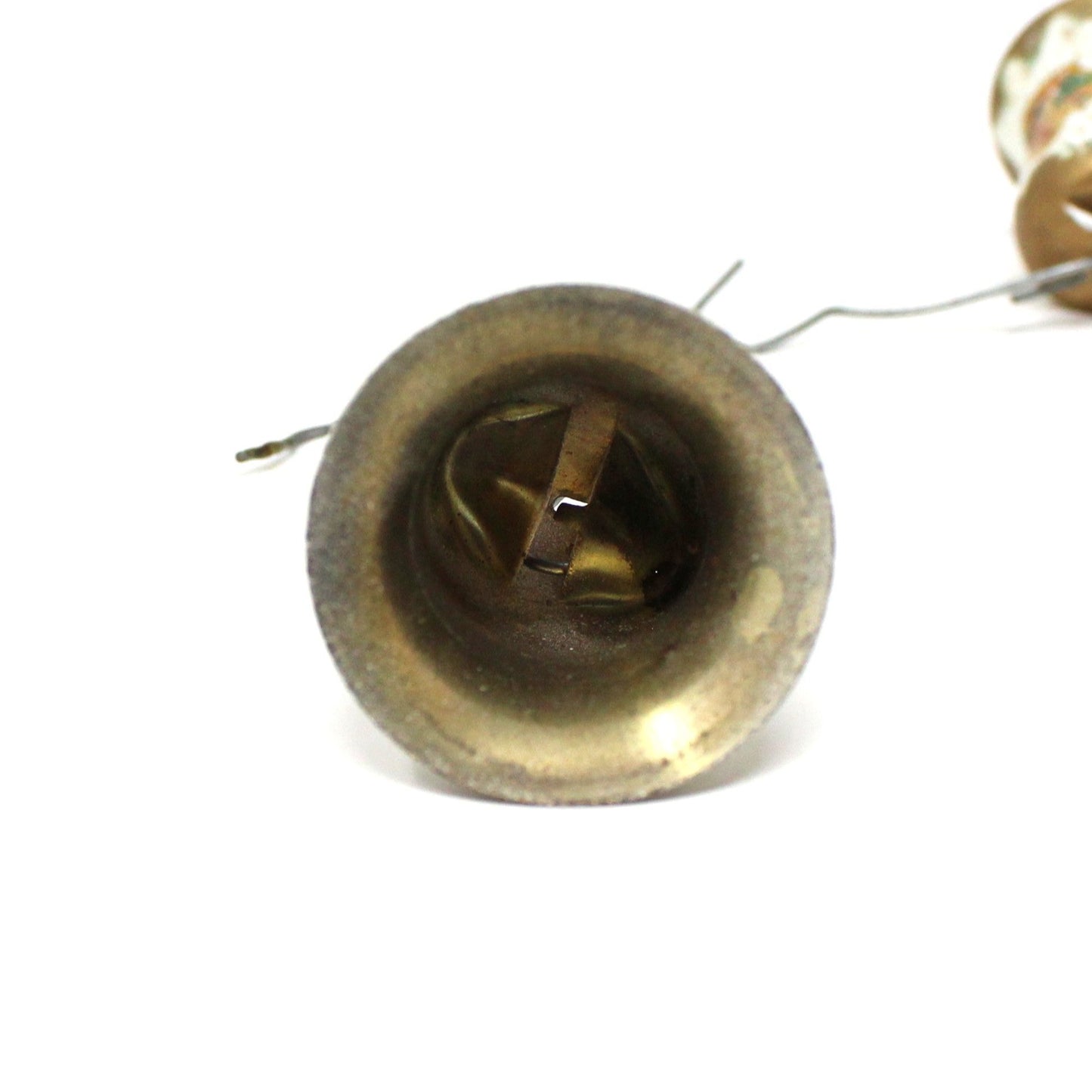 Ornaments, Christmas Metal Bells with Decals, Gold and White, Mid Century, Set of 8, Vintage