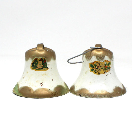 Ornaments, Christmas Metal Bells with Decals, Gold and White, Mid Century, Set of 8, Vintage