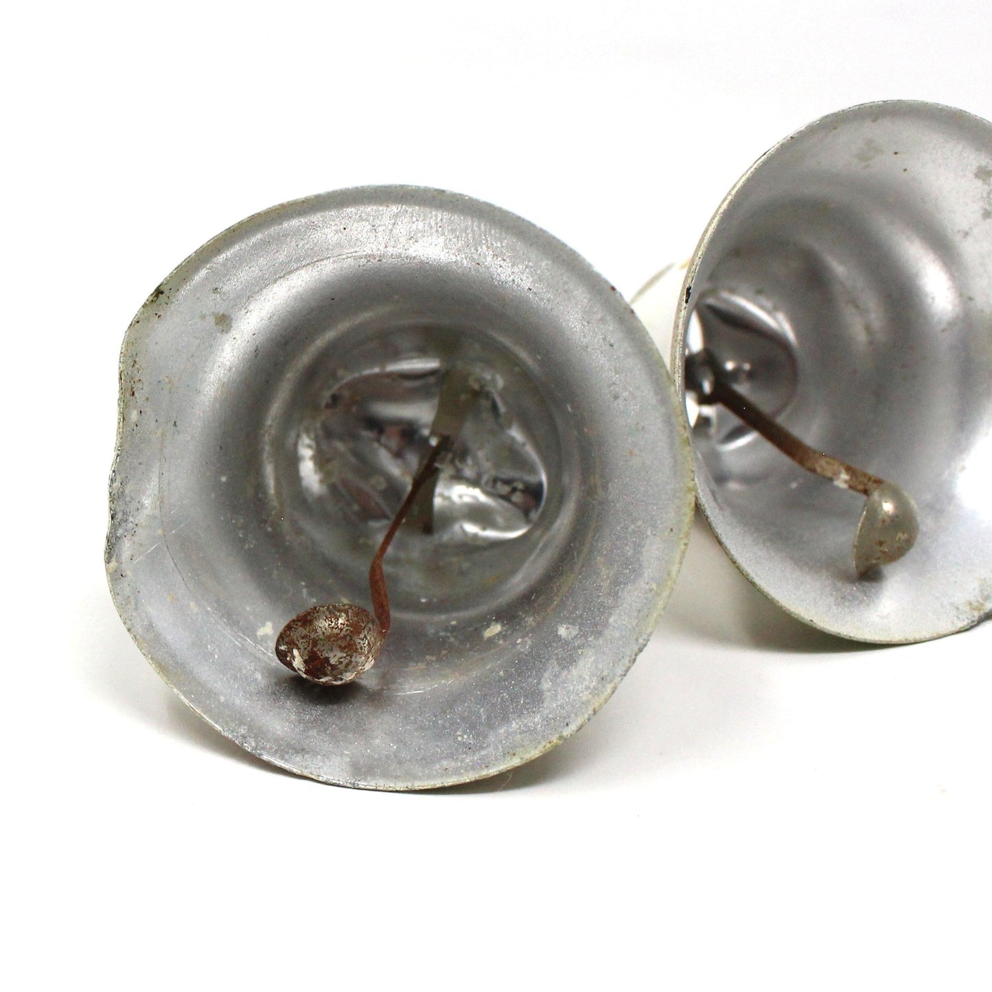 Ornaments, Christmas Metal Bells with Decals, Gold and White, Mid Century, Set of 8, Vintage