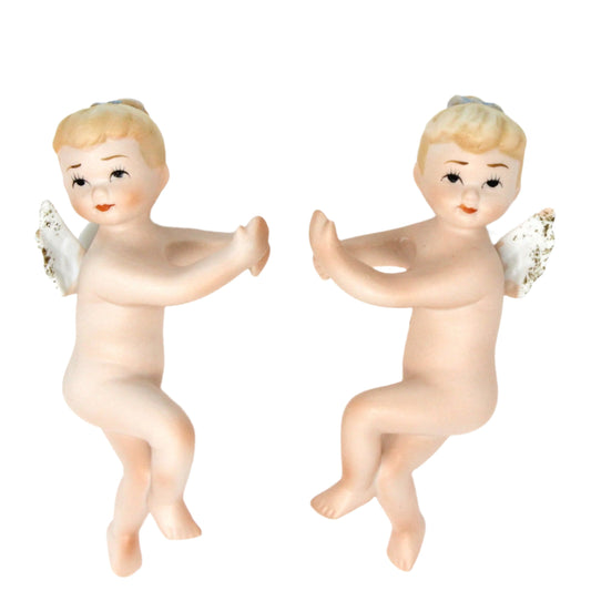 Vintage Lefton Candle Hugger Angels.  Hand painted porcelain, set of two.   Japan Imports collectible.