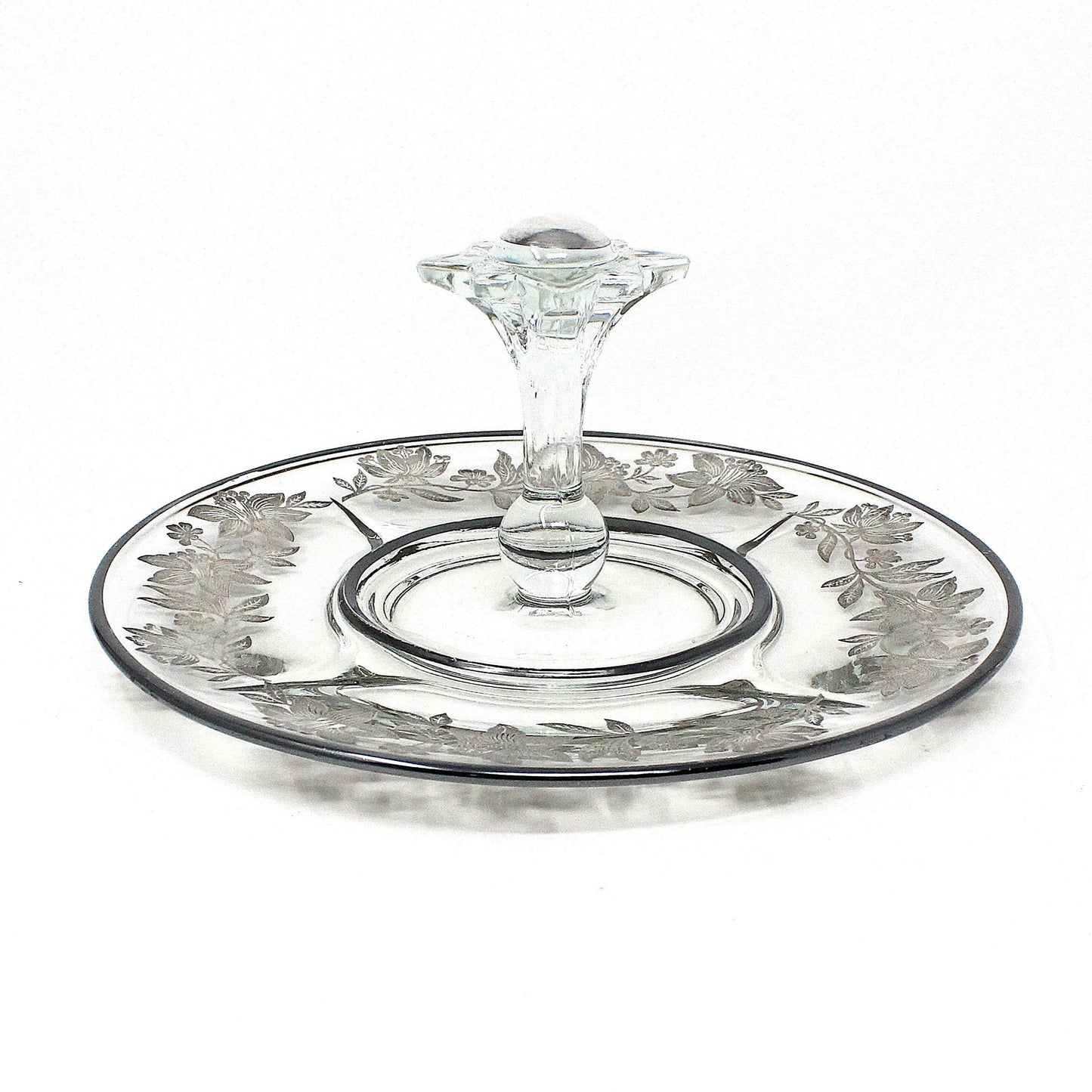 Sandwich Plate / Tidbit Tray, Paden City Glass, Floral Sterling Silver Overlay, Spire Center Handle, Vintage, 1930's