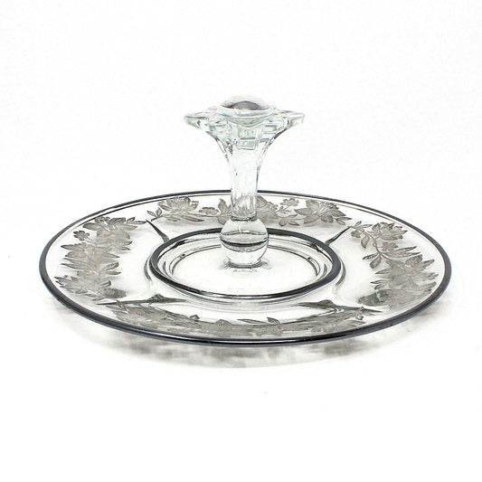 Sandwich Plate / Tidbit Tray, Paden City Glass, Floral Sterling Silver Overlay, Spire Center Handle, Vintage, 1930's