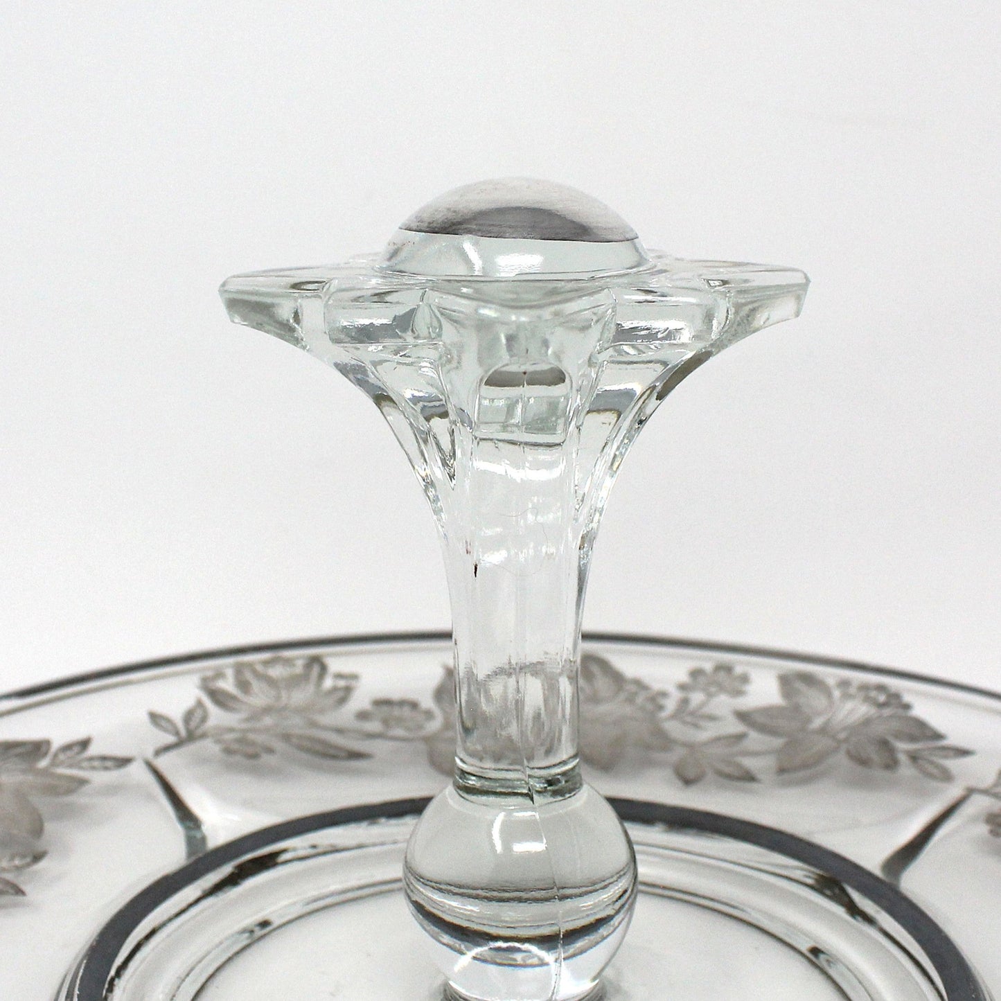 Sandwich Plate / Tidbit Tray, Paden City Glass, Floral Sterling Silver Overlay, Spire Center Handle, Vintage, 1930's