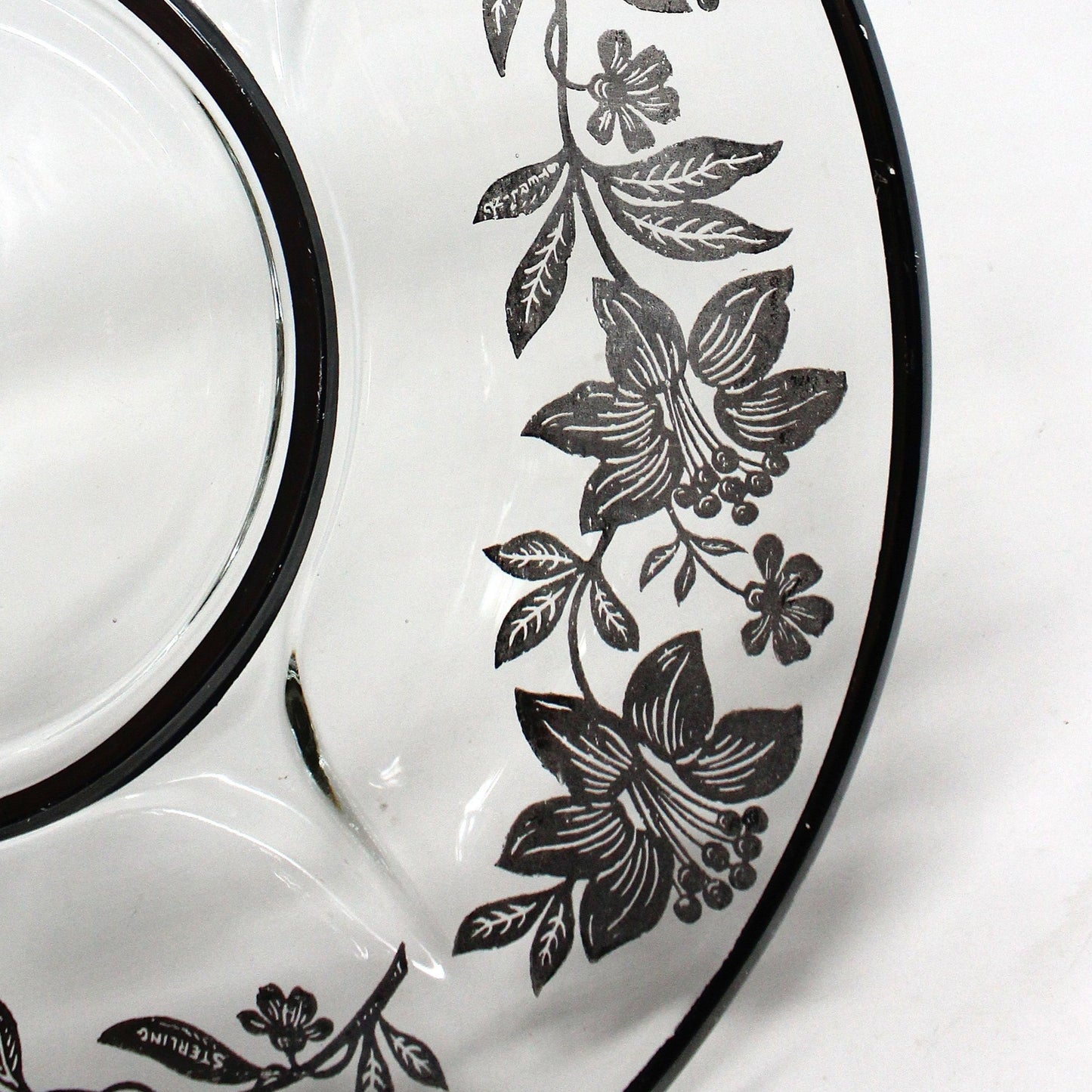 Sandwich Plate / Tidbit Tray, Paden City Glass, Floral Sterling Silver Overlay, Spire Center Handle, Vintage, 1930's