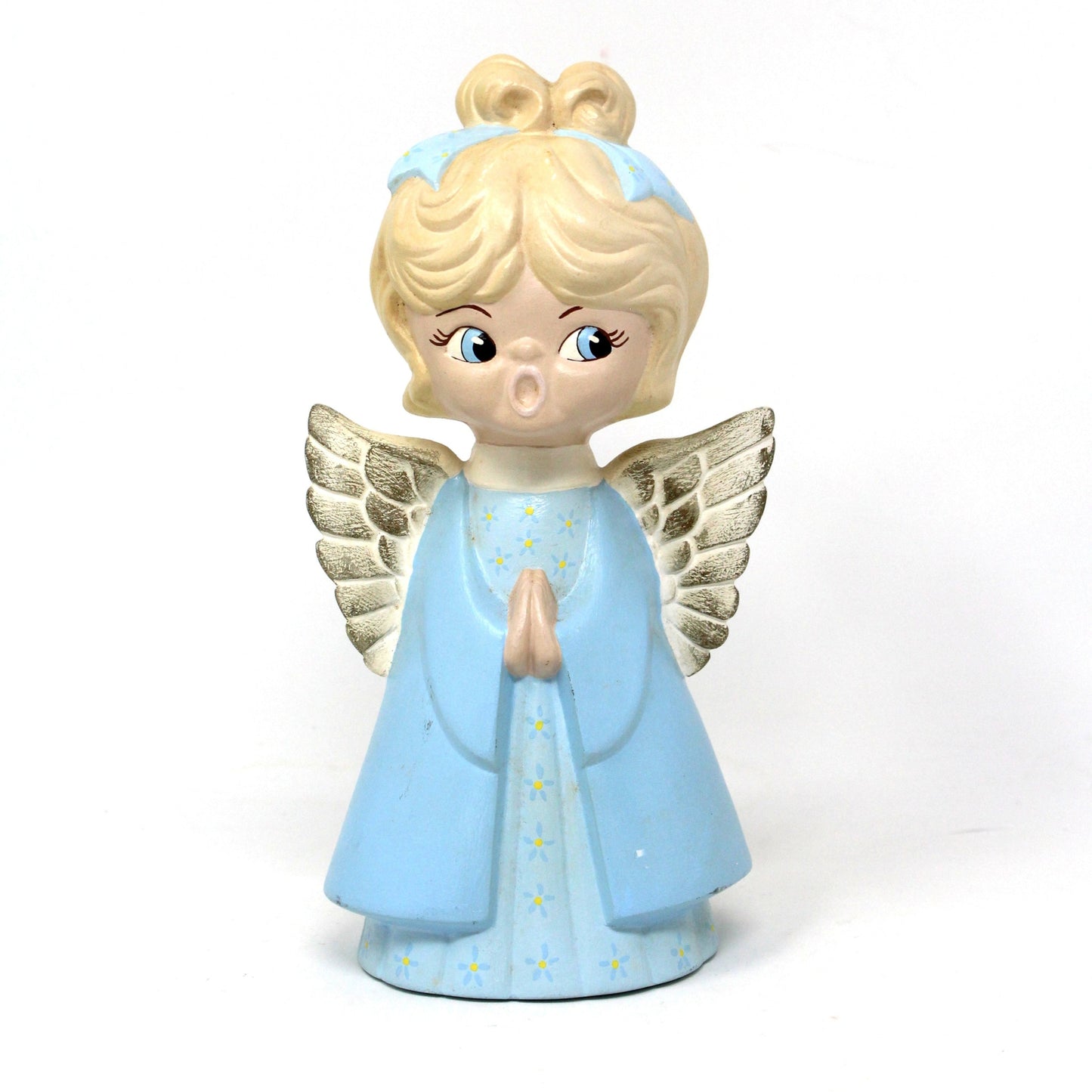 Figurine, Choir Angel, Singing Angel, Caroler, Hand Painted Ceramic, Hobbyist Mold, Christmas Decor, Blue & White, Vintage, 1970's