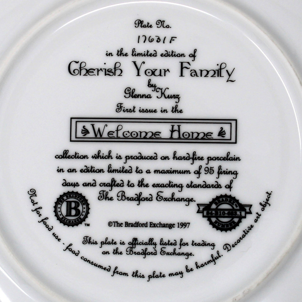 Decorative Plate: Welcome Home Collection, Cherish Your Family, Glenna Kurz 1997, Bradford Exchange