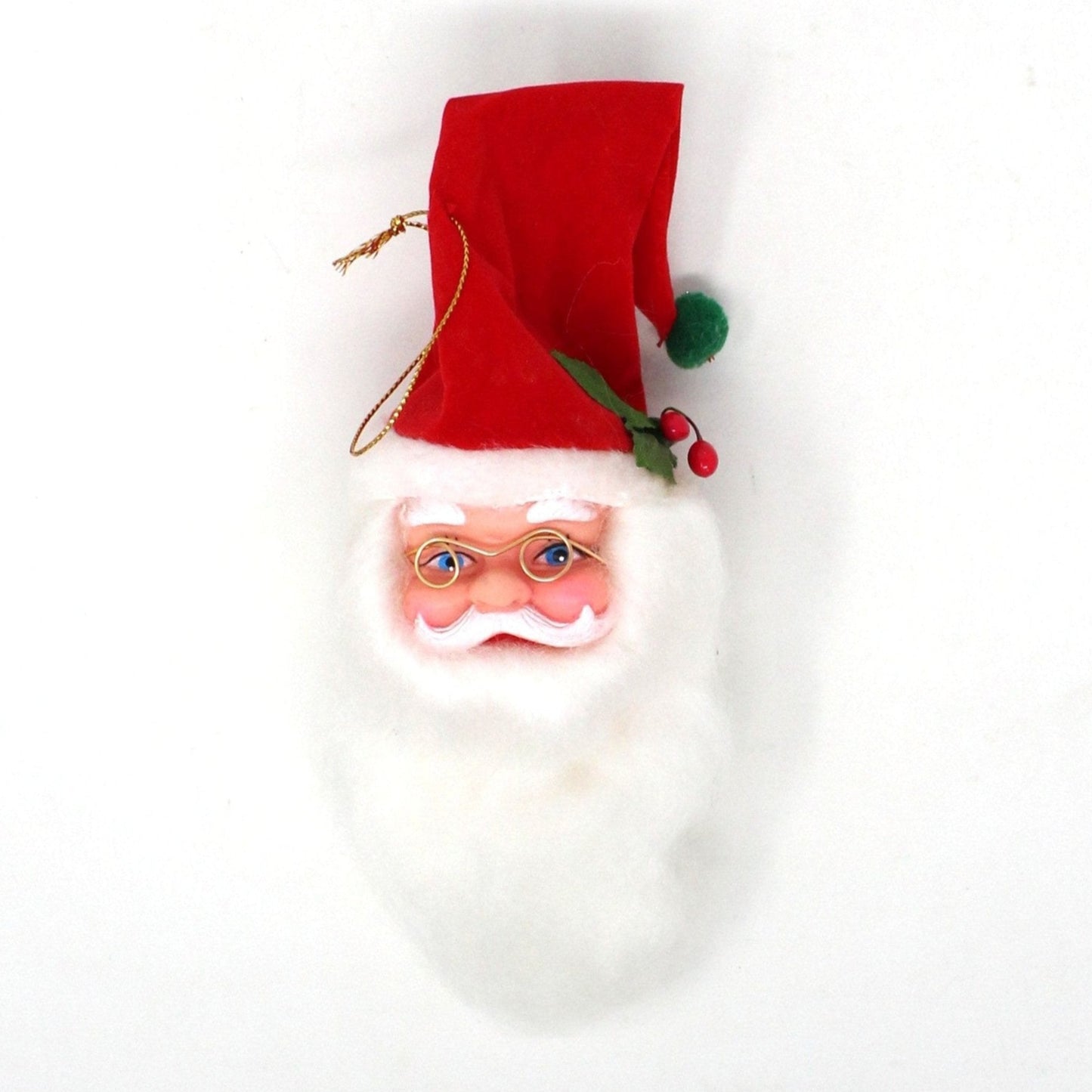 Vintage Christmas ornament, Santa Claus Head with long fluffy beard, celluloid face, velvet hat, and wire glasses.
