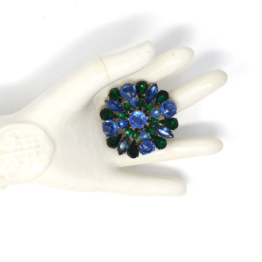 Brooch / Pin, Domed Rosette, Royal Blue & Emerald Green Rhinestones, Tiered, Prong Set, Vintage