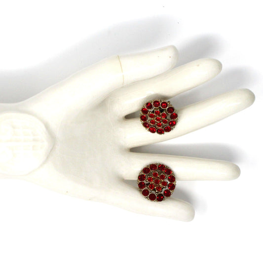 Earrings, Red Rhinestones Screw Back Round Earrings, Marked Japan, Vintage