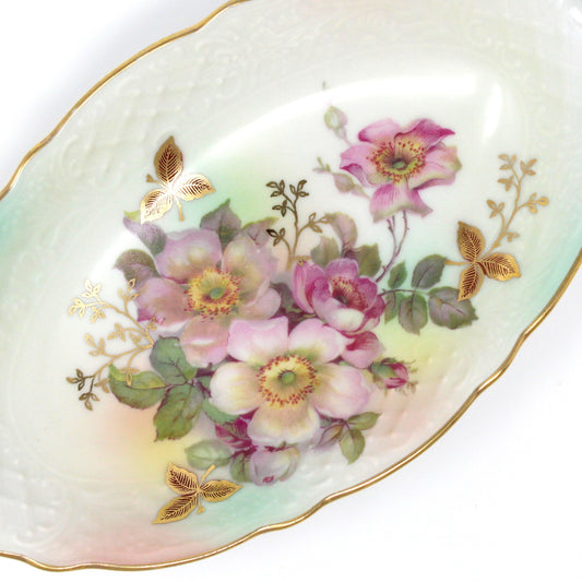 Trinket Dish, Schumann Arzberg, Oval Relish Dish, Wild Rose Blush Pattern, Embossed Porcelain, Germany, Vintage, 1970's