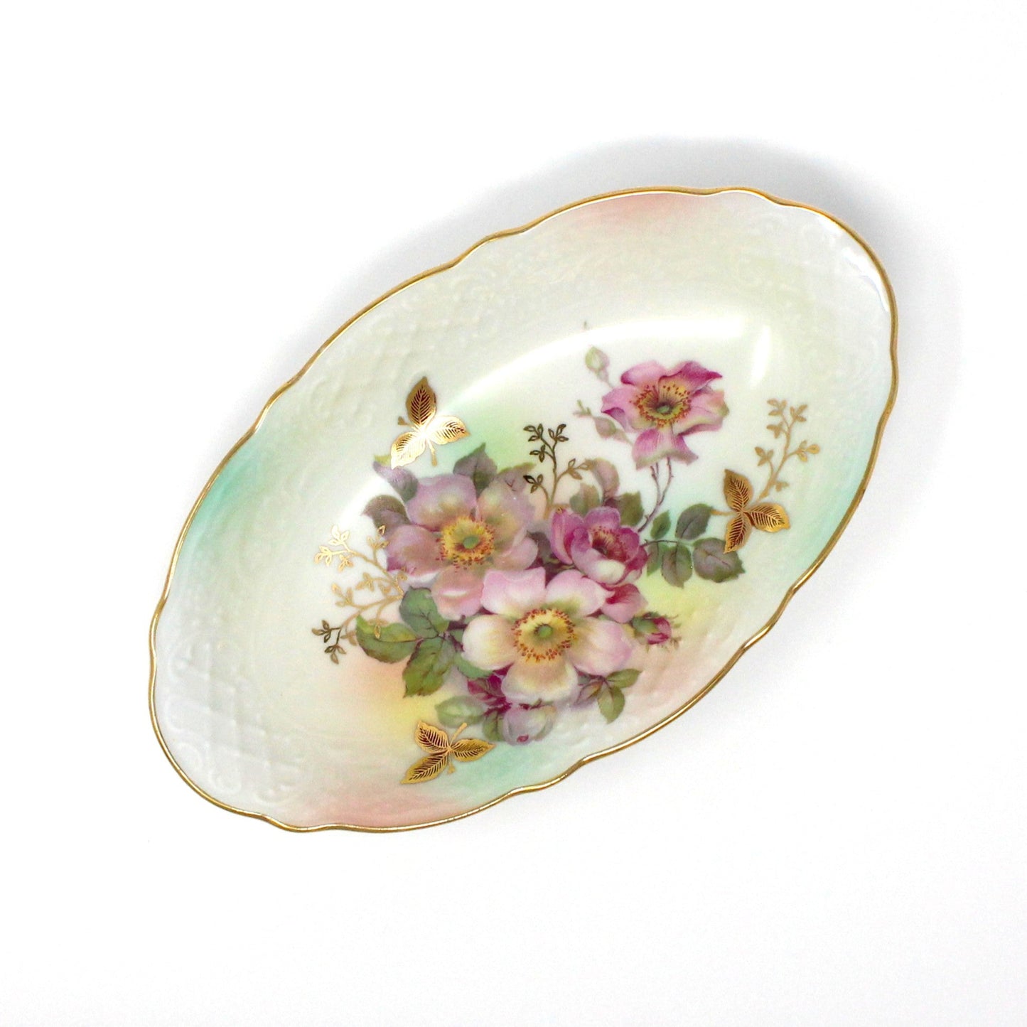 Trinket Dish, Schumann Arzberg, Oval Relish Dish, Wild Rose Blush Pattern, Embossed Porcelain, Germany, Vintage, 1970's