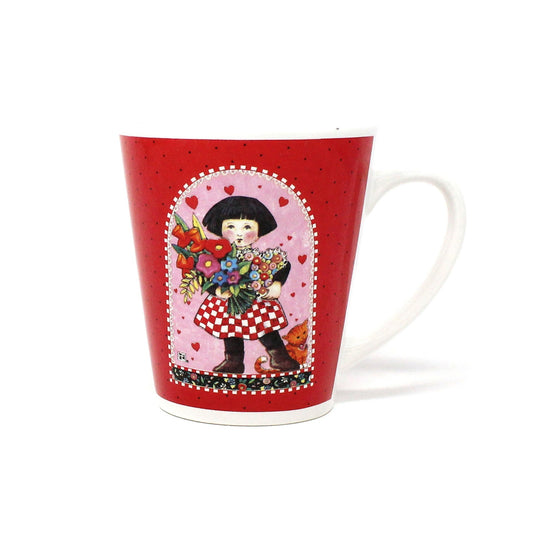 Mug, Mary Engelbreit, Coffee Mug, Girl with Flowers and Hearts, Galerie Brand, Ceramic, Vintage, 1990's