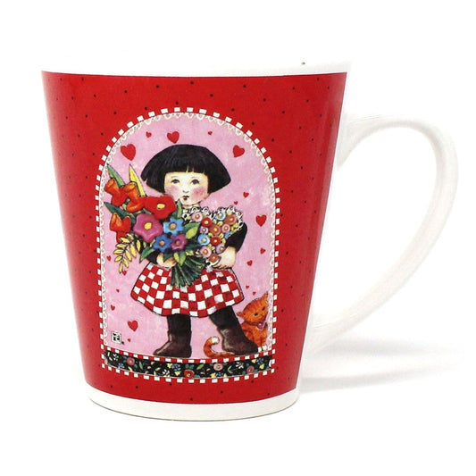 Mug, Mary Engelbreit, Coffee Mug, Girl with Flowers and Hearts, Galerie Brand, Ceramic, Vintage, 1990's, SOLD