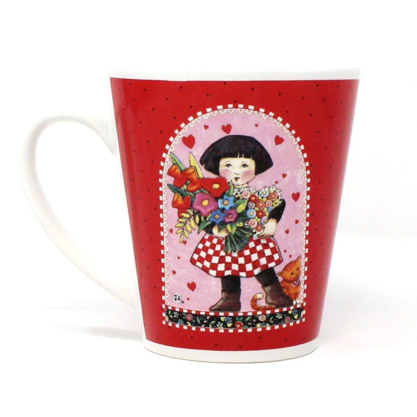 Mug, Mary Engelbreit, Coffee Mug, Girl with Flowers and Hearts, Galerie Brand, Ceramic, Vintage, 1990's