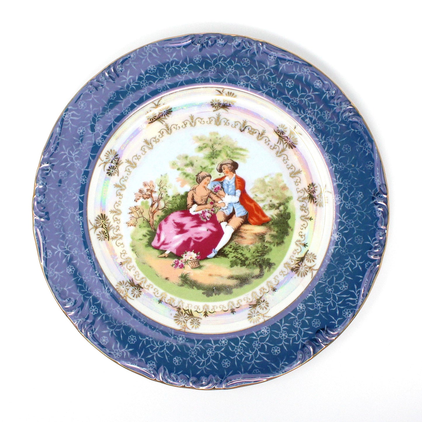 Decorative Plate, Victorian Couple Fragonard, Blue & White, Gold Filigree Iridescent, Vintage, Japan, 1950's