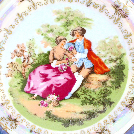 Decorative Plate, Victorian Couple Fragonard, Blue & White, Gold Filigree Iridescent, Vintage, Japan, 1950's
