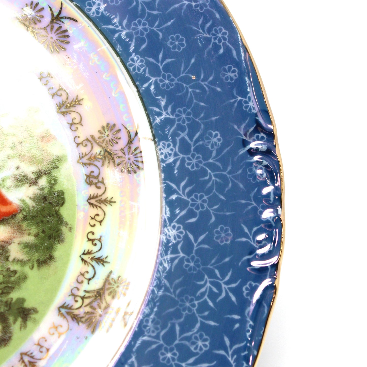 Decorative Plate, Victorian Couple Fragonard, Blue & White, Gold Filigree Iridescent, Vintage, Japan, 1950's