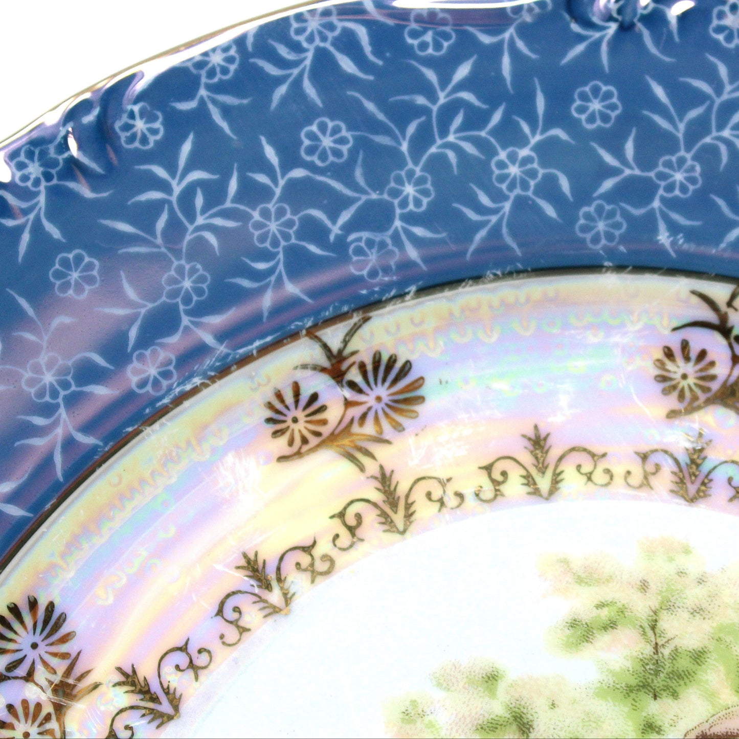Decorative Plate, Victorian Couple Fragonard, Blue & White, Gold Filigree Iridescent, Vintage, Japan, 1950's